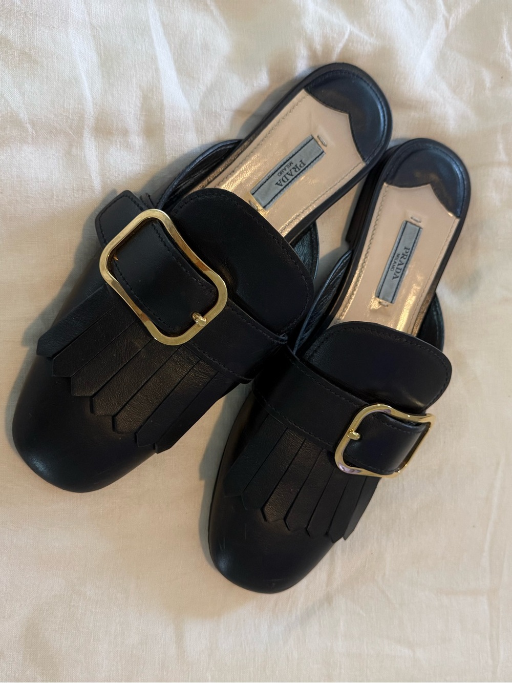 Prada Black Leather Kiltie Fringe Buckle Slip-On Mules EUC - Picture 2 of 10